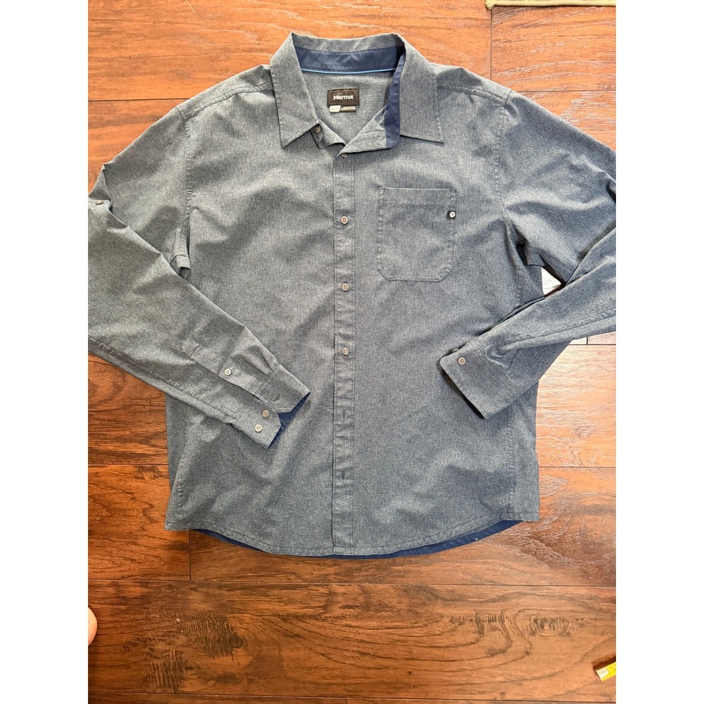 Marmot Mens XL Blue Heathered Long Sleeve Roll Tab Button Down Hiking Shirt